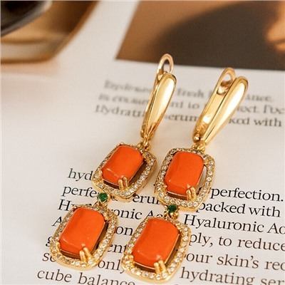 Серьги длинные ювелирная бижутерия коллекция "Дубай", покрытие позолота, вставка: пластик и цирконы, цвет: оранжевый и прозрачный, арт.313.393