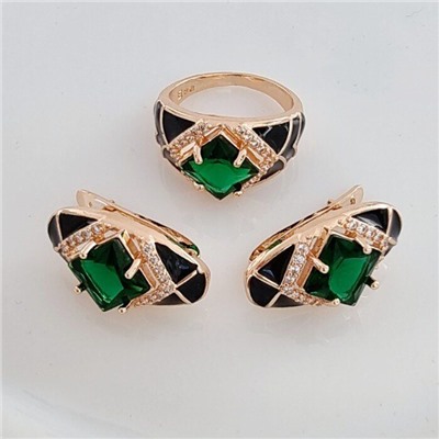 Комплект ювелирной бижутерии Дубайское золото серьги и кольцо, покрытие позолота, вставка: эмаль и фианиты, цвет: черный и зеленый, р-р 20, арт.314.460-20