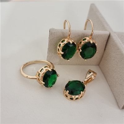 Комплект ювелирной бижутерии коллекция "Дубай" серьги, кулон и кольцо 18 р, покрытие позолота, вставка: стекло, цвет: зеленый, арт.217.507-18
