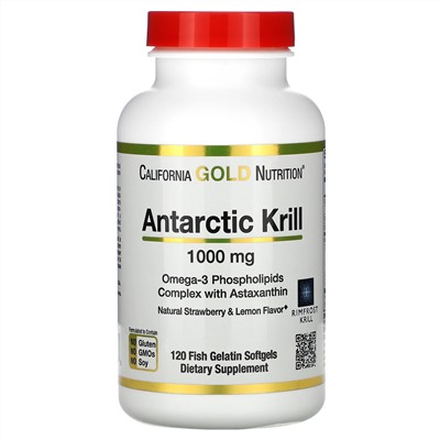 California Gold Nutrition, RIMFROST, масло антарктического криля, с астаксантином, со вкусом натуральной клубники и лимона, 1000 мг, 120 капсул из рыбьего желатина