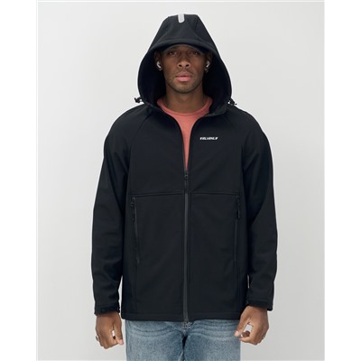 Ветровка спортивная мужская с капюшоном softshell черного цвета 9563Ch