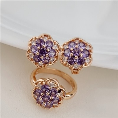 Комплект ювелирной бижутерии коллекция "Дубай" серьги и кольцо 19 р, покрытие позолота, вставка: фианиты, цвет: фиолетовый, арт.313.210-19
