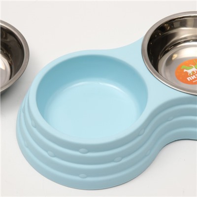 Миска двойная, 25×14×5 см, на пластиковом основании, металл, голубая