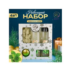 Новогодний подарочный набор косметики SB BEAUTY, шампунь, гель для душа, бомбочка, мочалка, с ароматом мяты и мандарина