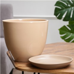 Горшок для цветов «Кофейный», 5 л, d=22.5 см, h=20 см, керамический, с поддоном, бежевый