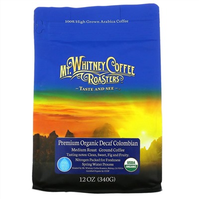Mt. Whitney Coffee Roasters, Premium Organic Decaf  Colombian, Medium Roast, Ground Coffee,  12 oz (340 g)