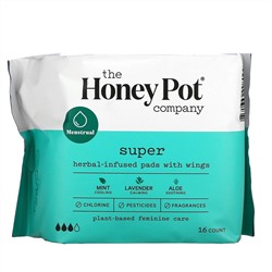 The Honey Pot Company, Herbal-Infused Pads with Wings, Super, 16 Count