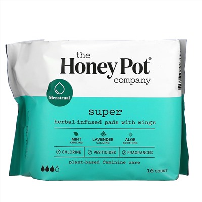 The Honey Pot Company, Herbal-Infused Pads with Wings, Super, 16 Count