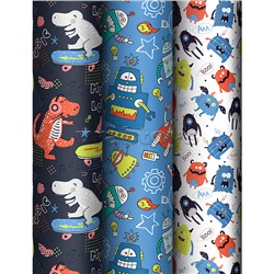 Упаковочная бумага глянц. 70*100см, "Monsters", 80 г/м2, ассорти, 3 дизайна