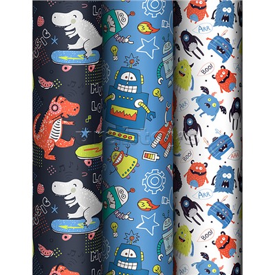 Упаковочная бумага глянц. 70*100см, "Monsters", 80 г/м2, ассорти, 3 дизайна