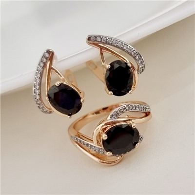 Комплект ювелирной бижутерии коллекция "Дубай" серьги и кольцо 18 р, покрытие позолота, вставка: фианиты, цвет: черный и прозрачный, арт.215.472-18