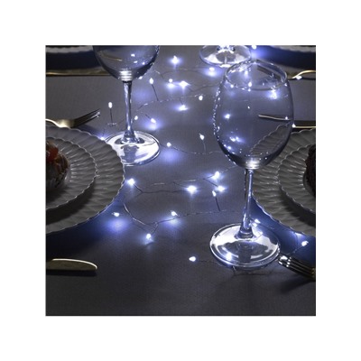 Гирлянда «Мишура» 2 м роса, IP20, серебристая нить, 50 LED, батарейки CR2032×2 (в комплекте), свечение белое