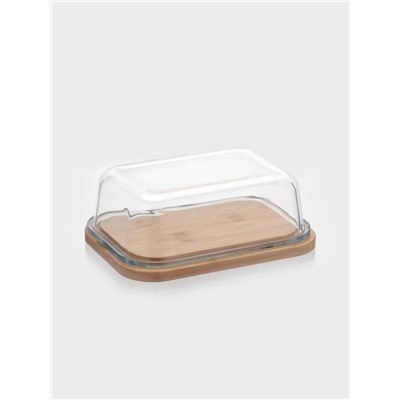 Маслёнка, 17.4×13×6.5 см, с бамбуковой крышкой-подставкой и ножом, стекло, прозрачная