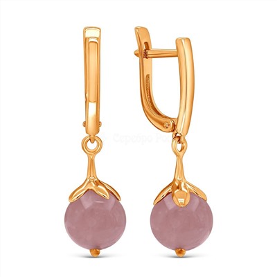 Серьги из золочёного серебра с нат. кварцем розовый шар 925 пробы с-2287зк421