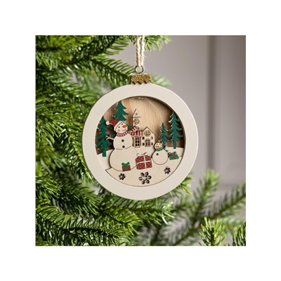 Ёлочная игрушка «Шар со снеговиками», 10.5×10.5×1.5 см, от батареек, свечение тёплое белое