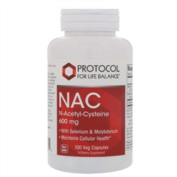 Protocol for Life Balance, NAC N-ацетил-цистеин, 600 мг, 100 вегетарианских капсул