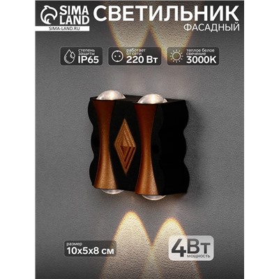 Светильник фасадный «Глосс», 4 Вт, 3000К, 2 луча, IP65, 220 В, пластиковый корпус, чёрный, свечение тёплое белое
