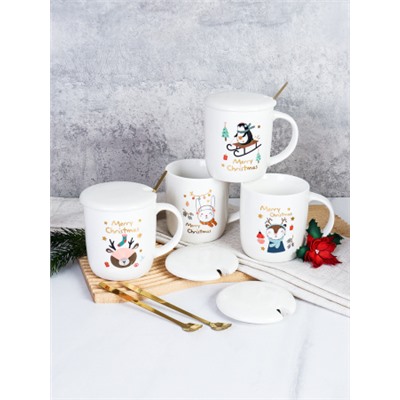 Кружка новогодняя с крышкой, ложка / HB-A2096 /уп 60/