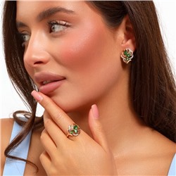 Комплект ювелирная бижутерия коллекция  "Дубай" серьги и кольцо 20 р, покрытие: позолота, вставка: фианиты, цвет: зеленый арт.217.284-20
