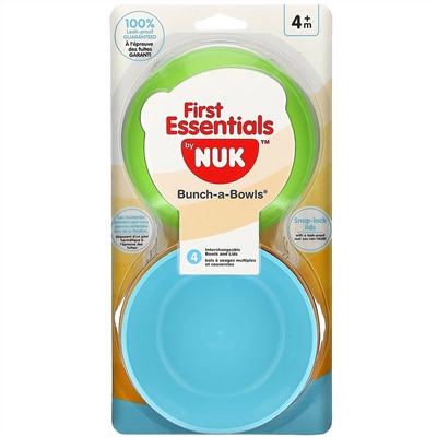 NUK, First Essentials, набор мисок с герметичными крышками, для детей от 4 месяцев, 4 миски и крышки