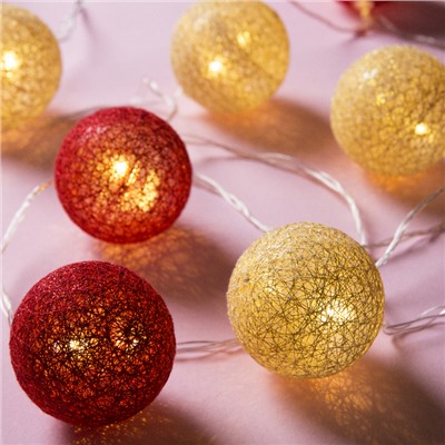 УЦЕНКА Гирлянда «Нить» 5 м с насадками «Клубки красно-золотистые», IP20, прозрачная нить, 20 LED, свечение тёплое белое, 220 В