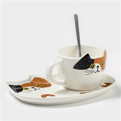 Чайная пара «Котик», 3 предмета: чашка 200 мл, блюдце 18.8×13.6 см, ложка, керамика, белая
