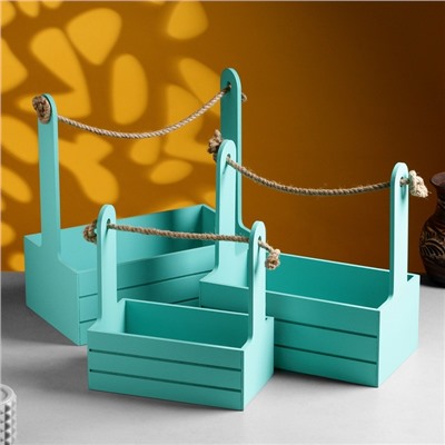 Подарочный ящик «Аром», деревянный, ручка - канат, бирюзовый, набор 3 шт.