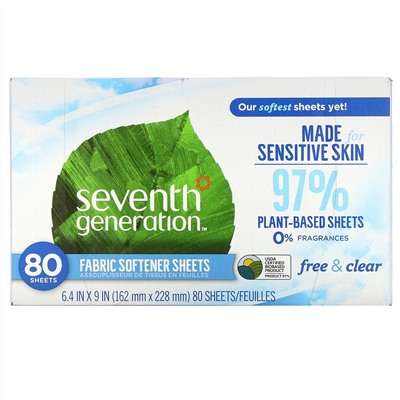Seventh Generation, Free & Clear, кондиционер для белья в виде салфеток, 80 штук