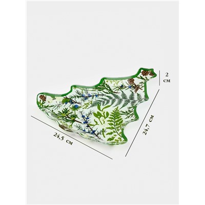 Блюдо сервировочное новогоднее Доляна «Еловые ветки», 24.5×24.7×2 см, стекло, белое, зелёное