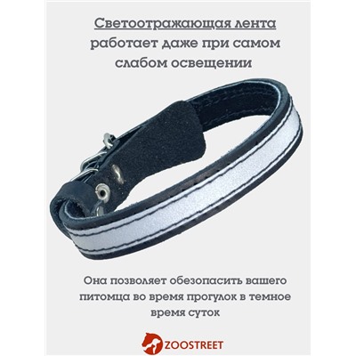 Ошейник, 35×1.5 см, с подкладом и светоотражающей лентой, кожа, чёрный