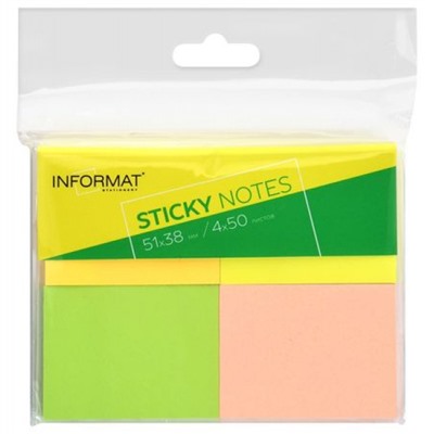 Бумага для заметок с клеевым краем 51х38 мм 50л 4 цв неон ассорти IFSNS5138-4N inФОРМАТ