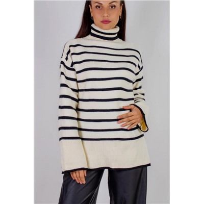 Теплая туника в полоску высокий ворот арт. 2918 (Молочный_черная полоса)