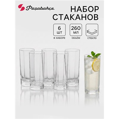 Стаканы высокие Paşabahçe Kosem, 260 мл, стекло, прозрачные, набор 6 шт.