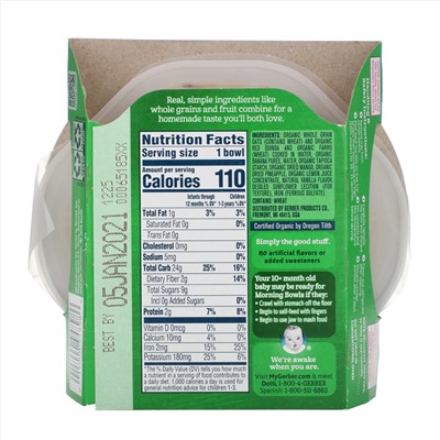 Gerber, Grain & Grow Morning Bowl, органический продукт, для малышей от 10 месяцев, овсянка, красное киноа и полба с тропическими фруктами, 128 г (4,5 унции)