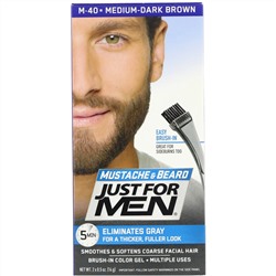 Just for Men, Mustache & Beard, гель для окрашивания усов и бороды с кисточкой в комплекте, оттенок темно-коричневый M-40, 2 шт. по 14 г