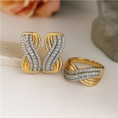 Комплект ювелирной бижутерии Итальянское золото (покрытие желтое 14к) серьги и кольцо 17 р, вставка: фианиты, цвет: прозрачный, арт.217.401-17