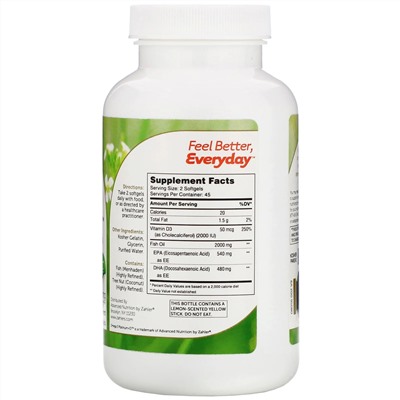 Zahler, Omega 3 Platinum+D, усовершенствованная омега-3 с витамином D3, 2000 мг, 90 капсул