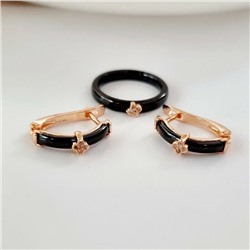 Комплект ювелирной бижутерии коллекция "Дубай" керамика серьги и кольцо, покрытие: позолота, вставка: блестящий прозрачный фианит, цвет: черный, р-р 20, 803821, арт.214.756-20