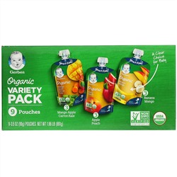Gerber, Organic, набор с разными вкусами: манго, яблоко, морковь и листовая капуста; яблоко и персик; банан и манго, 9 пакетиков, 99 г (3,5 г) каждый