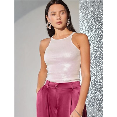 Топ с закрытым декольте из хлопка с эластаном в рубчик с матовым покрытием металлик