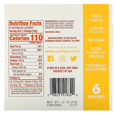 Whisps, Cheddar Cheese Crisps, Snack Packs, 6 Pouches, 0.63 oz (18 g) Each
