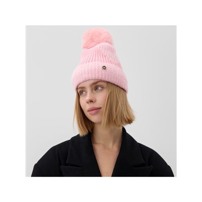 Шапка вязаная с помпоном женская MINAKU, розовая, размер 56-58