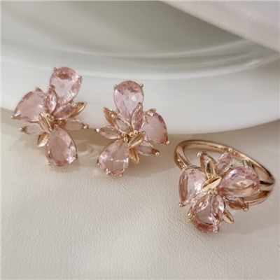 Комплект ювелирной бижутерии коллекция "Дубай" серьги и кольцо 18 р, покрытие позолота, вставка: стекло, цвет: розовый, арт.215.557-18