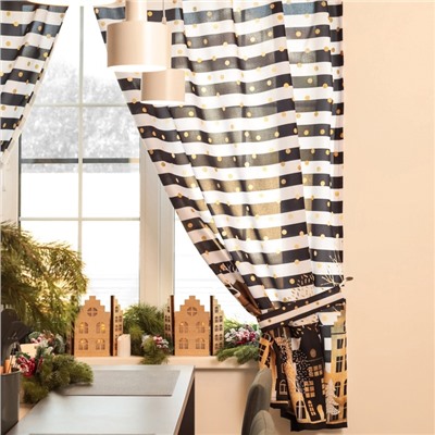 Комплект штор для кухни с подхватами «Этель. Золотой город», 2 шт., белые, чёрные, 145×180 см