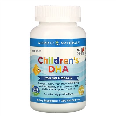 Nordic Naturals, ДГК для детей, клубника, для детей 3–6 лет, 250 мг, 360 желатиновых мини-капсул