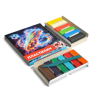 Пластилин 12 цветов "Футбол" 240 гр, стека пластиковая, картонная упаковка