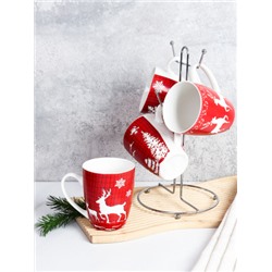 Кружка 4 штуки на металлсетнде новогодняя 380 мл / KL-043 /кружка новогодняя