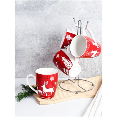 Кружка 4 штуки на металлсетнде новогодняя 380 мл / KL-043 /кружка новогодняя