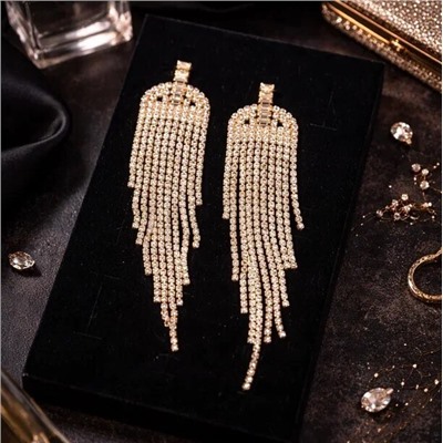 Серьги длинные женские вечерние со стразами, цвет: золотистый и прозрачный, арт.012.041