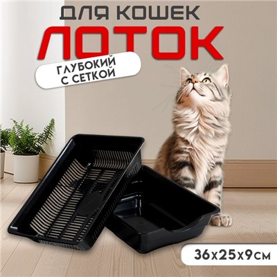 Туалет для кошек, 36×25×9 с, глубокий, с сеткой, пластик, чёрный